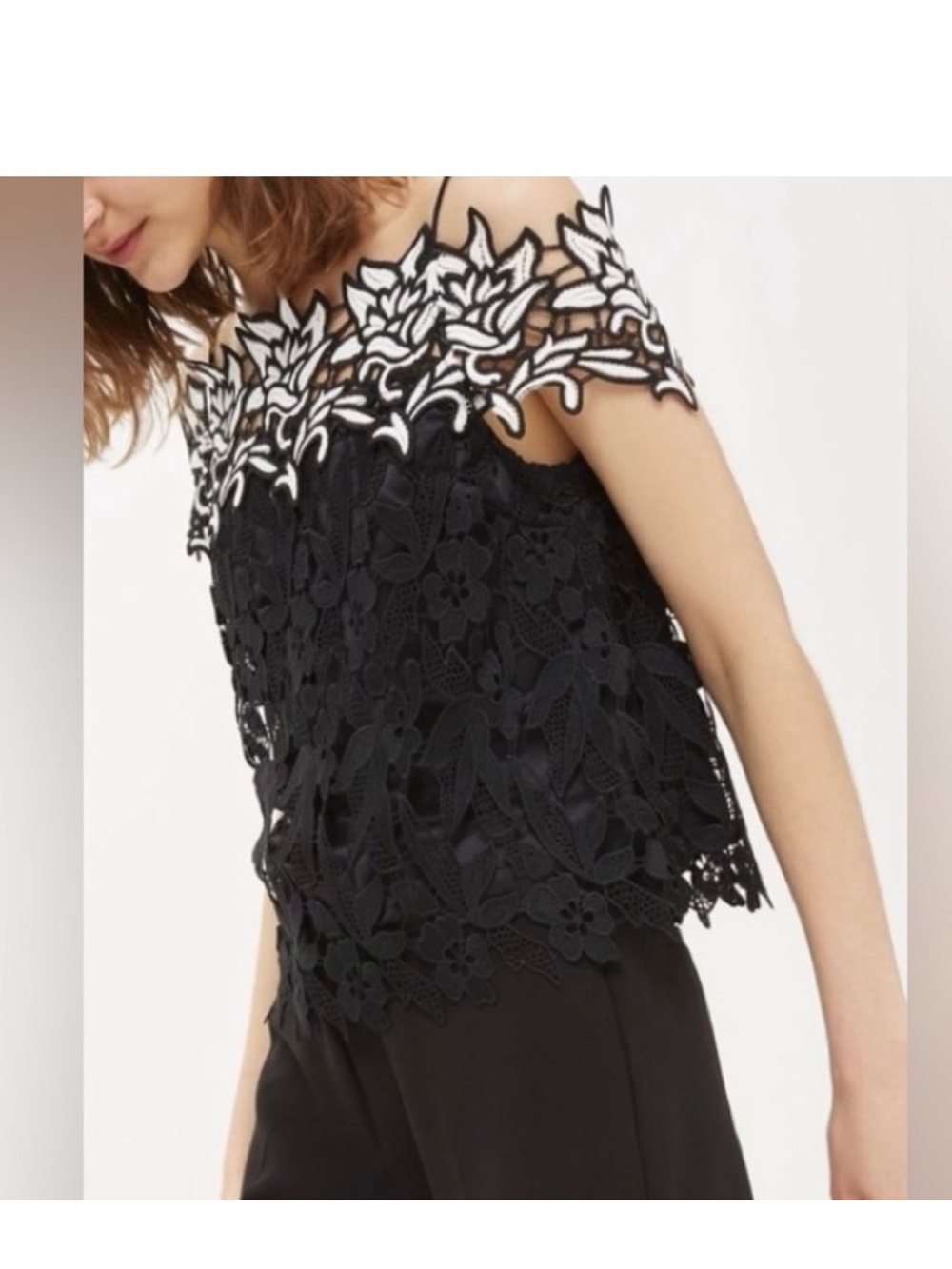 Topshop Black Lace Cold-Shoulder top with White Floral Trim